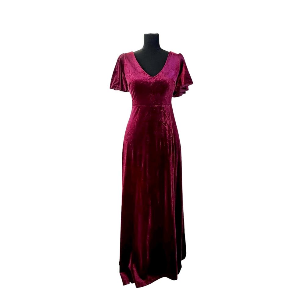 Birdy Grey Burgundy Velvet Flutter Sleeve Deep V-Neck Floor Length Dress L